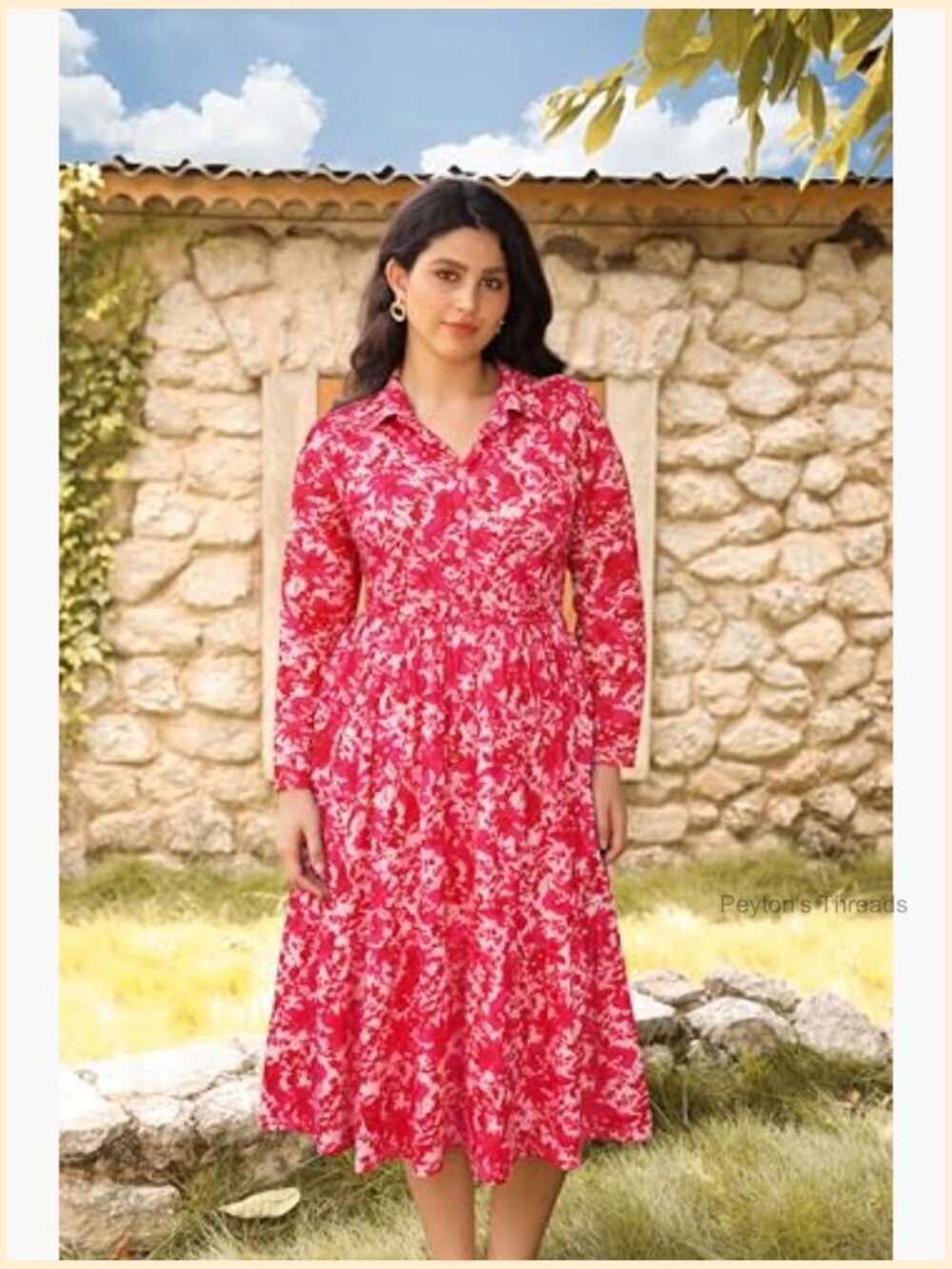 Plus Size Midi Dress with Pockets Long Sleeve V-Neck Collared Dress Fall Winter - Picture 5 of 7